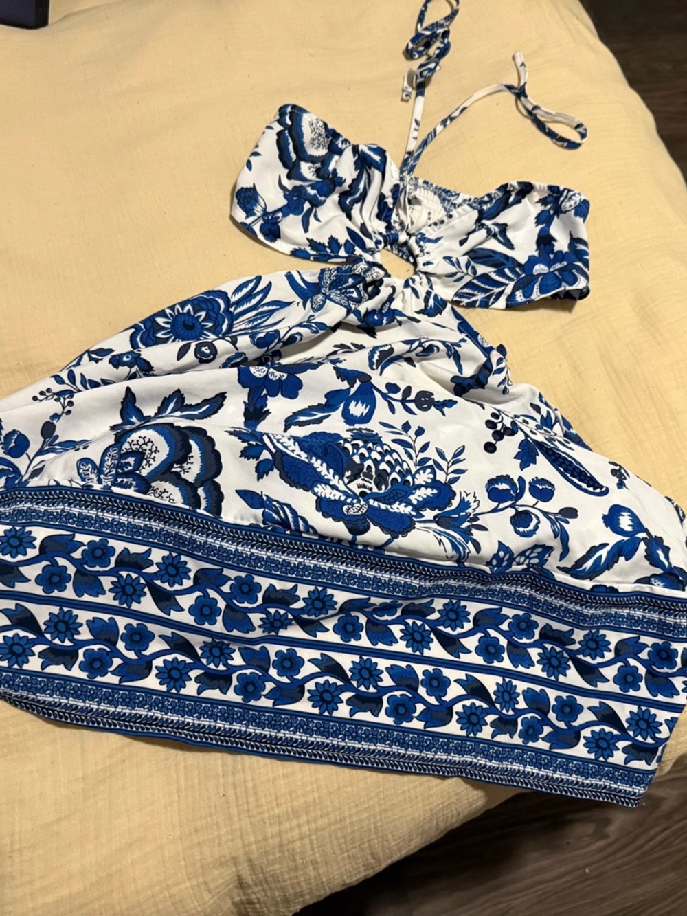 SHEIN Blue and White Floral Halter Cutout Dress